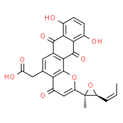 ChemSpider 2D Image | (8,11-Dihydroxy-2-{(2S,3S)-2-methyl-3-[(1Z)-1-propen-1-yl]-2-oxiranyl}-4,7,12-trioxo-7,12-dihydro-4H-naphtho[2,3-h]chromen-5-yl)acetic acid | C25H18O9