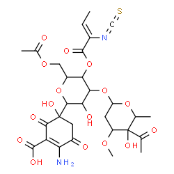 ChemSpider 2D Image | 6-O-Acetyl-3-O-(4-C-acetyl-2,6-dideoxy-3-O-methylhexopyranosyl)-1-(4-amino-3-carboxy-1-hydroxy-2,5-dioxo-3-cyclohexen-1-yl)-1,5-anhydro-4-O-[(2Z)-2-isothiocyanato-2-butenoyl]hexitol | C29H36N2O16S