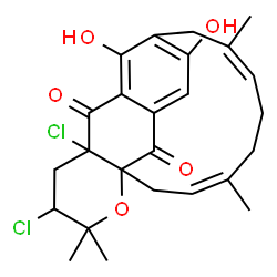 ChemSpider 2D Image | (3Z,7Z)-16,18-Dichloro-11,22-dihydroxy-4,8,19,19-tetramethyl-20-oxatetracyclo[11.7.1.1~10,14~.0~1,16~]docosa-3,7,10(22),11,13-pentaene-15,21-dione | C25H28Cl2O5