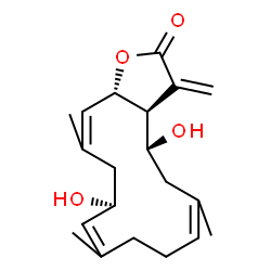 ChemSpider 2D Image | (3aS,4S,12S,15aS)-4,12-Dihydroxy-6,10,14-trimethyl-3-methylene-3a,4,5,8,9,12,13,15a-octahydrocyclotetradeca[b]furan-2(3H)-one | C20H28O4