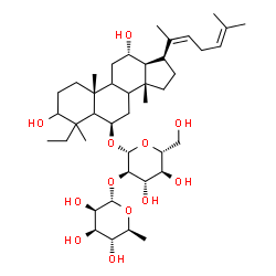 ChemSpider 2D Image | (6beta,8xi,9xi,12alpha,13alpha,14beta,20Z)-4-Ethyl-3,12-dihydroxy-4,14-dimethyl-18-norcholesta-20(22),24-dien-6-yl 2-O-(6-deoxy-alpha-L-mannopyranosyl)-beta-D-glucopyranoside | C42H70O12