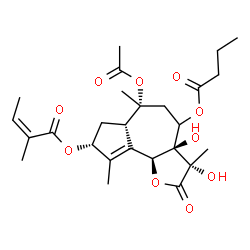 ChemSpider 2D Image | (3S,3aR,6R,6aS,8R,9bS)-6-Acetoxy-4-(butyryloxy)-3,3a-dihydroxy-3,6,9-trimethyl-2-oxo-2,3,3a,4,5,6,6a,7,8,9b-decahydroazuleno[4,5-b]furan-8-yl (2Z)-2-methyl-2-butenoate | C26H36O10