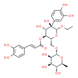 ChemSpider 2D Image | Ethyl 6-O-(6-deoxy-alpha-L-mannopyranosyl)-2-C-(3,4-dihydroxyphenyl)-4-O-[(2E)-3-(3,4-dihydroxyphenyl)-2-propenoyl]-beta-D-glucopyranoside | C29H36O15