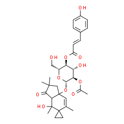 ChemSpider 2D Image | 4'-Hydroxy-2',2',4',6'-tetramethyl-3'-oxo-2',3',3a',4'-tetrahydrospiro[cyclopropane-1,5'-inden]-7a'(1'H)-yl 2-O-acetyl-4-O-[(2E)-3-(4-hydroxyphenyl)-2-propenoyl]-beta-D-glucopyranoside | C32H40O11