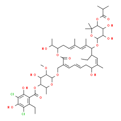 ChemSpider 2D Image | 6-{[(3Z,5E,9Z,13E,15E)-12-{[3,4-Dihydroxy-5-(isobutyryloxy)-6,6-dimethyltetrahydro-2H-pyran-2-yl]oxy}-11-ethyl-8-hydroxy-18-(1-hydroxyethyl)-9,13,15-trimethyl-2-oxooxacyclooctadeca-3,5,9,13,15-pentaen
-3-yl]methoxy}-4-hydroxy-5-methoxy-2-methyltetrahydro-2H-pyran-3-yl 3,5-dichloro-2-ethyl-4,6-dihydroxybenzoate | C52H74Cl2O18