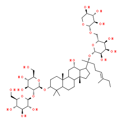 ChemSpider 2D Image | (2S,3R,4S,5S,6R)-2-{[(2R,3R,4S,5S,6R)-4,5-Dihydroxy-6-(hydroxymethyl)-2-({(10R,12S,14R)-12-hydroxy-4,4,10,14-tetramethyl-17-[(2R,5E)-6-methyl-2-{[(2S,3R,4R,5S,6R)-3,4,5-trihydroxy-6-({[(2S,3R,4S,5R)-3
,4,5-trihydroxytetrahydro-2H-pyran-2-yl]oxy}methyl)tetrahydro-2H-pyran-2-yl]oxy}-5-octen-2-yl]hexadecahydro-1H-cyclopenta[a]phenanthren-3-yl}oxy)tetrahydro-2H-pyran-3-yl]oxy}-6-(hydroxymethyl)tetrahyd
ro-2H-pyran-3,4,5-triol | C53H90O22