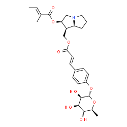 ChemSpider 2D Image | (1S,2R,7aS)-1-({[(2E)-3-{4-[(6-Deoxy-alpha-L-mannopyranosyl)oxy]phenyl}-2-propenoyl]oxy}methyl)hexahydro-1H-pyrrolizin-2-yl (2E)-2-methyl-2-butenoate | C28H37NO9