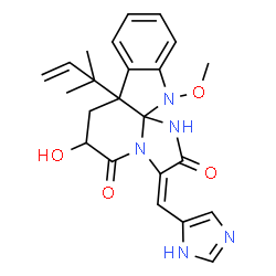 ChemSpider 2D Image | (3E)-6-Hydroxy-3-(1H-imidazol-5-ylmethylene)-12-methoxy-7a-(2-methyl-3-buten-2-yl)-6,7,7a,12-tetrahydro-1H,5H-imidazo[1',2':1,2]pyrido[2,3-b]indole-2,5(3H)-dione | C23H25N5O4