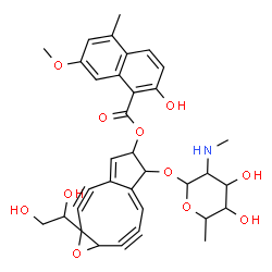 ChemSpider 2D Image | (6aE)-6-{[2,6-Dideoxy-2-(methylamino)hexopyranosyl]oxy}-1a-(1,2-dihydroxyethyl)-2,3,8,9-tetradehydro-1a,5,6,9a-tetrahydrocyclopenta[5,6]cyclonona[1,2-b]oxiren-5-yl 2-hydroxy-7-methoxy-5-methyl-1-napht
hoate | C34H35NO11