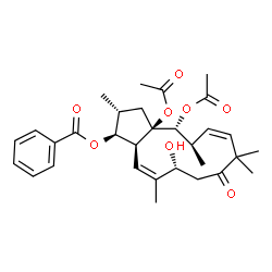 ChemSpider 2D Image | (1S,2R,3aR,4R,5R,6Z,11R,12Z,13aS)-3a,4-Diacetoxy-11-hydroxy-2,5,8,8,12-pentamethyl-9-oxo-2,3,3a,4,5,8,9,10,11,13a-decahydro-1H-cyclopenta[12]annulen-1-yl benzoate | C31H40O8