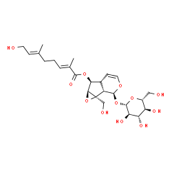 ChemSpider 2D Image | (1aS,1bS,2S,5aR,6S,6aS)-2-(beta-D-Glucopyranosyloxy)-1a-(hydroxymethyl)-1a,1b,2,5a,6,6a-hexahydrooxireno[4,5]cyclopenta[1,2-c]pyran-6-yl (2E,6E)-8-hydroxy-2,6-dimethyl-2,6-octadienoate | C25H36O12