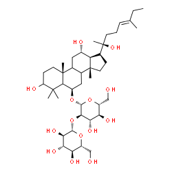 ChemSpider 2D Image | (2S,3R,4S,5S,6R)-2-{[(2R,3R,4S,5S,6R)-2-({(6R,10R,12S,13S,14R,17S)-3,12-Dihydroxy-17-[(2S,5E)-2-hydroxy-6-methyl-5-octen-2-yl]-4,4,10,14-tetramethylhexadecahydro-1H-cyclopenta[a]phenanthren-6-yl}oxy)-
4,5-dihydroxy-6-(hydroxymethyl)tetrahydro-2H-pyran-3-yl]oxy}-6-(hydroxymethyl)tetrahydro-2H-pyran-3,4,5-triol | C42H72O14