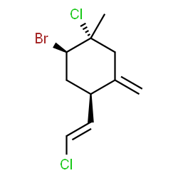 ChemSpider 2D Image | (1R,2R,4R)-2-Bromo-1-chloro-4-[(E)-2-chlorovinyl]-1-methyl-5-methylenecyclohexane | C10H13BrCl2