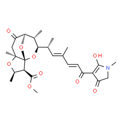 ChemSpider 2D Image | Methyl (1S,2S,3R,5S,8R,9R,10R)-10-[(2R,3E,5E)-7-(2-hydroxy-1-methyl-4-oxo-4,5-dihydro-1H-pyrrol-3-yl)-4-methyl-7-oxo-3,5-heptadien-2-yl]-3,5,9-trimethyl-7-oxo-4,11,12-trioxatricyclo[6.3.1.0~1,5~]dodec
ane-2-carboxylate | C27H35NO9