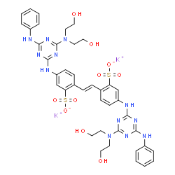 ChemSpider 2D Image | Dipotassium 2,2'-[(E)-1,2-ethenediyl]bis[5-({4-anilino-6-[bis(2-hydroxyethyl)amino]-1,3,5-triazin-2-yl}amino)benzenesulfonate] | C40H42K2N12O10S2