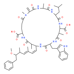 ChemSpider 2D Image | 15-(1H-Indol-3-ylmethyl)-8-isobutyl-18-[(1Z,3E)-6-methoxy-3,5-dimethyl-7-phenyl-1,3-heptadien-1-yl]-1,5,12,19-tetramethyl-2-methylene-3,6,9,13,16,20,25-heptaoxo-1,4,7,10,14,17,21-heptaazacyclopentacos
ane-11,22-dicarboxylic acid | C54H72N8O12