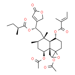 ChemSpider 2D Image | (4R,4aR,5S,6R,8S,8aR)-8-Acetoxy-8a-(acetoxymethyl)-5,6-dimethyl-5-[(2S)-2-{[(2S)-2-methylbutanoyl]oxy}-2-(5-oxo-2,5-dihydro-3-furanyl)ethyl]octahydro-2H-spiro[naphthalene-1,2'-oxiran]-4-yl (2E)-2-meth
yl-2-butenoate | C34H48O11
