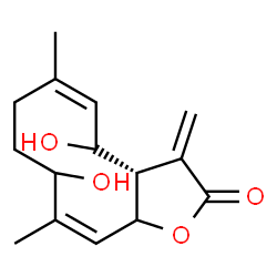 ChemSpider 2D Image | (3aS,5Z,10Z)-4,9-Dihydroxy-6,10-dimethyl-3-methylene-3a,4,7,8,9,11a-hexahydrocyclodeca[b]furan-2(3H)-one | C15H20O4