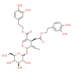 ChemSpider 2D Image | 2-(3,4-Dihydroxyphenyl)ethyl (2S,3E,4S)-4-{2-[2-(3,4-dihydroxyphenyl)ethoxy]-2-oxoethyl}-3-ethylidene-2-(beta-D-glucopyranosyloxy)-3,4-dihydro-2H-pyran-5-carboxylate | C32H38O15