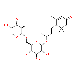 ChemSpider 2D Image | (3E)-4-(2,6,6-Trimethyl-4-oxo-2-cyclohexen-1-yl)-3-buten-2-yl 6-O-alpha-L-arabinopyranosyl-alpha-D-glucopyranoside | C24H38O11
