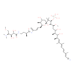 ChemSpider 2D Image | (2R,3R,5R,7S,8S,9R)-2-[(1S,3S,4S,5R,6R,7E,9E,11E,13E)-14-Cyano-3,5-dihydroxy-1-methoxy-4,6,8,9,13-pentamethyl-7,9,11,13-tetradecatetraen-1-yl]-7-[(2E)-3-{2-[(2S)-4-{[(2S,3S,4S)-4-(dimethylamino)-2,3-d
ihydroxy-5-methoxypentanoyl]amino}-2-butanyl]-1,3-oxazol-4-yl}-2-propen-1-yl]-9-hydroxy-4,4,8-trimethyl-1,6-dioxaspiro[4.5]dec-3-yl dihydrogen phosphate | C50H81N4O15P
