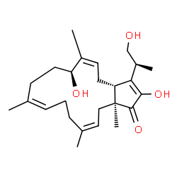 ChemSpider 2D Image | (3aR,7S,16aS)-2,7-Dihydroxy-3-[(2S)-1-hydroxy-2-propanyl]-6,10,14,16a-tetramethyl-4,7,8,9,12,13,16,16a-octahydrocyclopenta[15]annulen-1(3aH)-one | C25H38O4