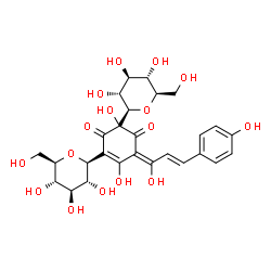 ChemSpider 2D Image | (2R,6E)-2,5-Dihydroxy-6-[(2E)-1-hydroxy-3-(4-hydroxyphenyl)-2-propen-1-ylidene]-2-[(2R,3R,4S,5S,6R)-3,4,5-trihydroxy-6-(hydroxymethyl)tetrahydro-2H-pyran-2-yl]-4-[(2S,3R,4R,5S,6R)-3,4,5-trihydroxy-6-(
hydroxymethyl)tetrahydro-2H-pyran-2-yl]-4-cyclohexene-1,3-dione | C27H32O16