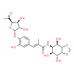 ChemSpider 2D Image | (2E)-3-{4-[(6-Deoxy-alpha-L-xylo-hexofuranosyl-5-ulose)oxy]-3-hydroxyphenyl}-2-methyl-N-[(3aS,4R,5R,6S,7R,7aR)-4,6,7-trihydroxyhexahydro-1,3-benzodioxol-5-yl]acrylamide | C23H29NO12