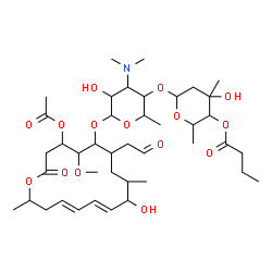 ChemSpider 2D Image | 6-{[6-{[(11E,13E)-4-Acetoxy-10-hydroxy-5-methoxy-9,16-dimethyl-2-oxo-7-(2-oxoethyl)oxacyclohexadeca-11,13-dien-6-yl]oxy}-4-(dimethylamino)-5-hydroxy-2-methyltetrahydro-2H-pyran-3-yl]oxy}-4-hydroxy-2,4
-dimethyltetrahydro-2H-pyran-3-yl butyrate | C41H67NO15