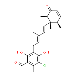 ChemSpider 2D Image | 3-Chloro-4,6-dihydroxy-2-methyl-5-{(2E,4E)-3-methyl-5-[(1S,2R,6R)-1,2,6-trimethyl-5-oxo-3-cyclohexen-1-yl]-2,4-pentadien-1-yl}benzaldehyde | C23H27ClO4