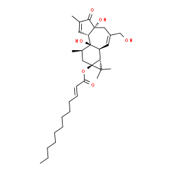 ChemSpider 2D Image | (1aR,1bS,4aR,7aS,7bR,8R,9aS)-4a,7b-Dihydroxy-3-(hydroxymethyl)-1,1,6,8-tetramethyl-5-oxo-1,1a,1b,4,4a,5,7a,7b,8,9-decahydro-9aH-cyclopropa[3,4]benzo[1,2-e]azulen-9a-yl (2E)-2-dodecenoate | C32H48O6