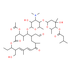 ChemSpider 2D Image | (11E,13E)-6-({3,6-Dideoxy-4-O-[2,6-dideoxy-3-C-methyl-4-O-(3-methylbutanoyl)hexopyranosyl]-3-(dimethylamino)hexopyranosyl}oxy)-16-ethyl-15-(hydroxymethyl)-5,9,13-trimethyl-2,10-dioxo-7-(2-oxoethyl)oxa
cyclohexadeca-11,13-dien-4-yl acetate | C45H73NO15