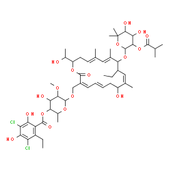ChemSpider 2D Image | 6-{[(3Z,5E,9Z,13E,15E)-12-{[4,5-Dihydroxy-3-(isobutyryloxy)-6,6-dimethyltetrahydro-2H-pyran-2-yl]oxy}-11-ethyl-8-hydroxy-18-(1-hydroxyethyl)-9,13,15-trimethyl-2-oxooxacyclooctadeca-3,5,9,13,15-pentaen
-3-yl]methoxy}-4-hydroxy-5-methoxy-2-methyltetrahydro-2H-pyran-3-yl 3,5-dichloro-2-ethyl-4,6-dihydroxybenzoate | C52H74Cl2O18