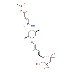 ChemSpider 2D Image | (2S,3E)-5-{[(2R,5S,6S)-6-{(2E,4E)-5-[(4R,5R,7S)-4,7-Dihydroxy-7-methyl-1,6-dioxaspiro[2.5]oct-5-yl]-3-methyl-2,4-pentadien-1-yl}-2,5-dimethyltetrahydro-2H-pyran-3-yl]amino}-5-oxo-3-penten-2-yl acetate | C27H41NO8