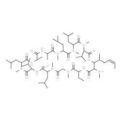 ChemSpider 2D Image | 30-Ethyl-34-[(4Z)-4-hexen-2-yl]-6,9,18,24-tetraisobutyl-3,21-diisopropyl-4,7,10,12,15,19,25,28-octamethyl-33-(methylamino)-1-oxa-4,7,10,13,16,19,22,25,28,31-decaazacyclotetratriacontane-2,5,8,11,14,17
,20,23,26,29,32-undecone | C62H111N11O12