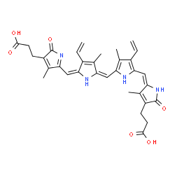 ChemSpider 2D Image | 3-[5-[(E)-[(5E)-5-[[5-[(E)-[4-(2-carboxyethyl)-3-methyl-5-oxo-pyrrol-2-ylidene]methyl]-3-methyl-4-vinyl-1H-pyrrol-2-yl]methylene]-4-methyl-3-vinyl-pyrrol-2-ylidene]methyl]-4-methyl-2-oxo-pyrrol-3-yl]propanoic acid | C33H34N4O6