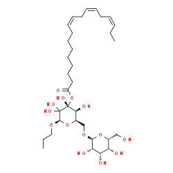 ChemSpider 2D Image | (2R,4R,5S,6R)-3,3,4,5-Tetrahydroxy-2-propoxy-6-({[(2S,3S,4S,5R,6R)-3,4,5-trihydroxy-6-(hydroxymethyl)tetrahydro-2H-pyran-2-yl]oxy}methyl)tetrahydro-2H-pyran-4-yl (9Z,12Z,15Z)-9,12,15-octadecatrienoate | C33H56O14