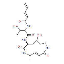 ChemSpider 2D Image | (2E)-N-(3-Hydroxy-1-{[(3E,8S,10R)-10-hydroxy-5-methyl-2,7-dioxo-1,6-diazacyclododec-3-en-8-yl]amino}-1-oxo-2-butanyl)-2,4-pentadienamide | C20H30N4O6