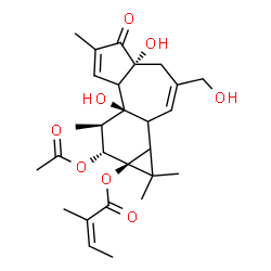 ChemSpider 2D Image | (4aR,7bS,8R,9R,9aS)-9-Acetoxy-4a,7b-dihydroxy-3-(hydroxymethyl)-1,1,6,8-tetramethyl-5-oxo-1,1a,1b,4,4a,5,7a,7b,8,9-decahydro-9aH-cyclopropa[3,4]benzo[1,2-e]azulen-9a-yl (2Z)-2-methyl-2-butenoate | C27H36O8