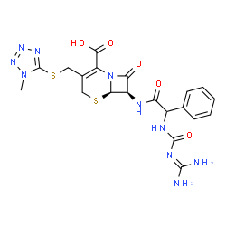 ChemSpider 2D Image | (6R,7R)-7-{[{[(Diaminomethylene)carbamoyl]amino}(phenyl)acetyl]amino}-3-{[(1-methyl-1H-tetrazol-5-yl)sulfanyl]methyl}-8-oxo-5-thia-1-azabicyclo[4.2.0]oct-2-ene-2-carboxylic acid | C20H22N10O5S2