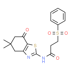 ChemSpider 2D Image | N-(5,5-Dimethyl-7-oxo-4,5,6,7-tetrahydro-1,3-benzothiazol-2-yl)-3-(phenylsulfonyl)propanamide | C18H20N2O4S2