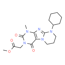 ChemSpider 2D Image | Methyl (9-cyclohexyl-1-methyl-2,4-dioxo-1,4,6,7,8,9-hexahydropyrimido[2,1-f]purin-3(2H)-yl)acetate | C18H25N5O4