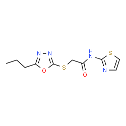 ChemSpider 2D Image | 2-[(5-Propyl-1,3,4-oxadiazol-2-yl)sulfanyl]-N-(1,3-thiazol-2-yl)acetamide | C10H12N4O2S2