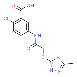 ChemSpider 2D Image | 2-Chloro-5-({[(5-methyl-1,3,4-thiadiazol-2-yl)sulfanyl]acetyl}amino)benzoic acid | C12H10ClN3O3S2