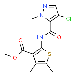 ChemSpider 2D Image | Methyl 2-{[(4-chloro-1-methyl-1H-pyrazol-5-yl)carbonyl]amino}-4,5-dimethyl-3-thiophenecarboxylate | C13H14ClN3O3S