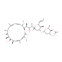 ChemSpider 2D Image | (5R)-3-O-(4-O-Carbamoyl-2,6-dideoxy-beta-D-arabino-hexopyranosyl)-2,4-dideoxy-1-C-{(2S,3R,4S)-4-[(2R,3S,4Z,6Z,9R,10S,11S,12R,13R,14Z,16E)-10,12-dihydroxy-3,17-dimethoxy-7,9,11,13,15-pentamethyl-18-oxo
oxacyclooctadeca-4,6,14,16-tetraen-2-yl]-3-hydroxy-2-pentanyl}-4-methyl-5-[(1E)-1-propen-1-yl]-alpha-D-threo-pentopyranose | C45H73NO14