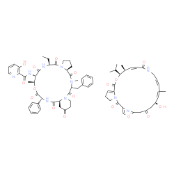 ChemSpider 2D Image | N-[(6S,9S,10S,13R,15aS,24aS)-22-Benzyl-6-ethyl-10,23-dimethyl-5,8,12,15,17,21,24-heptaoxo-13-phenyldocosahydro-12H-pyrido[2,1-f]pyrrolo[2,1-l][1,4,7,10,13,16]oxapentaazacyclononadecin-9-yl]-3-hydroxy-
2-pyridinecarboxamide - (10S,11S,12Z,17Z,19Z,21S)-21-hydroxy-10-isopropyl-11,19-dimethyl-9,26-dioxa-3,15,28-triazatricyclo[23.2.1.0~3,7~]octacosa-1(27),6,12,17,19,25(28)-hexaene-2,8,14,23-tetrone (1:1
) | C71H84N10O17