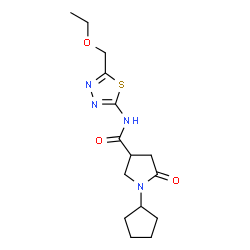 ChemSpider 2D Image | 1-Cyclopentyl-N-[5-(ethoxymethyl)-1,3,4-thiadiazol-2-yl]-5-oxo-3-pyrrolidinecarboxamide | C15H22N4O3S