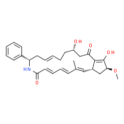 ChemSpider 2D Image | (1E,3E,5E,9S,11E,15S,19S,20aR)-15,18-Dihydroxy-19-methoxy-2-methyl-9-phenyl-9,10,13,14,15,16,20,20a-octahydrocyclopenta[i]azacyclononadecine-7,17(8H,19H)-dione | C29H35NO5