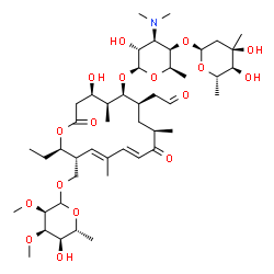 ChemSpider 2D Image | [(2R,3R,4E,6E,9R,11R,12S,13S,14R)-12-{[3,6-Dideoxy-4-O-(2,6-dideoxy-3-C-methyl-alpha-L-ribo-hexopyranosyl)-3-(dimethylamino)-beta-D-galactopyranosyl]oxy}-2-ethyl-14-hydroxy-5,9,13-trimethyl-8,16-dioxo
-11-(2-oxoethyl)oxacyclohexadeca-4,6-dien-3-yl]methyl 6-deoxy-2,3-di-O-methyl-D-allopyranoside | C46H77NO17